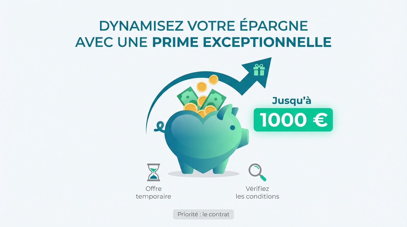 Illustration d'une tirelire débordant d'argent, avec une flèche de croissance et la mention « Jusqu'à 1000 € » pour une prime exceptionnelle.