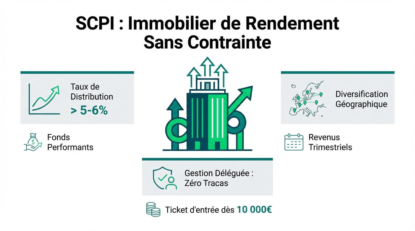 Infographie des avantages des SCPI : taux de distribution élevé, gestion simplifiée, diversification et revenus trimestriels dès 10 000€.