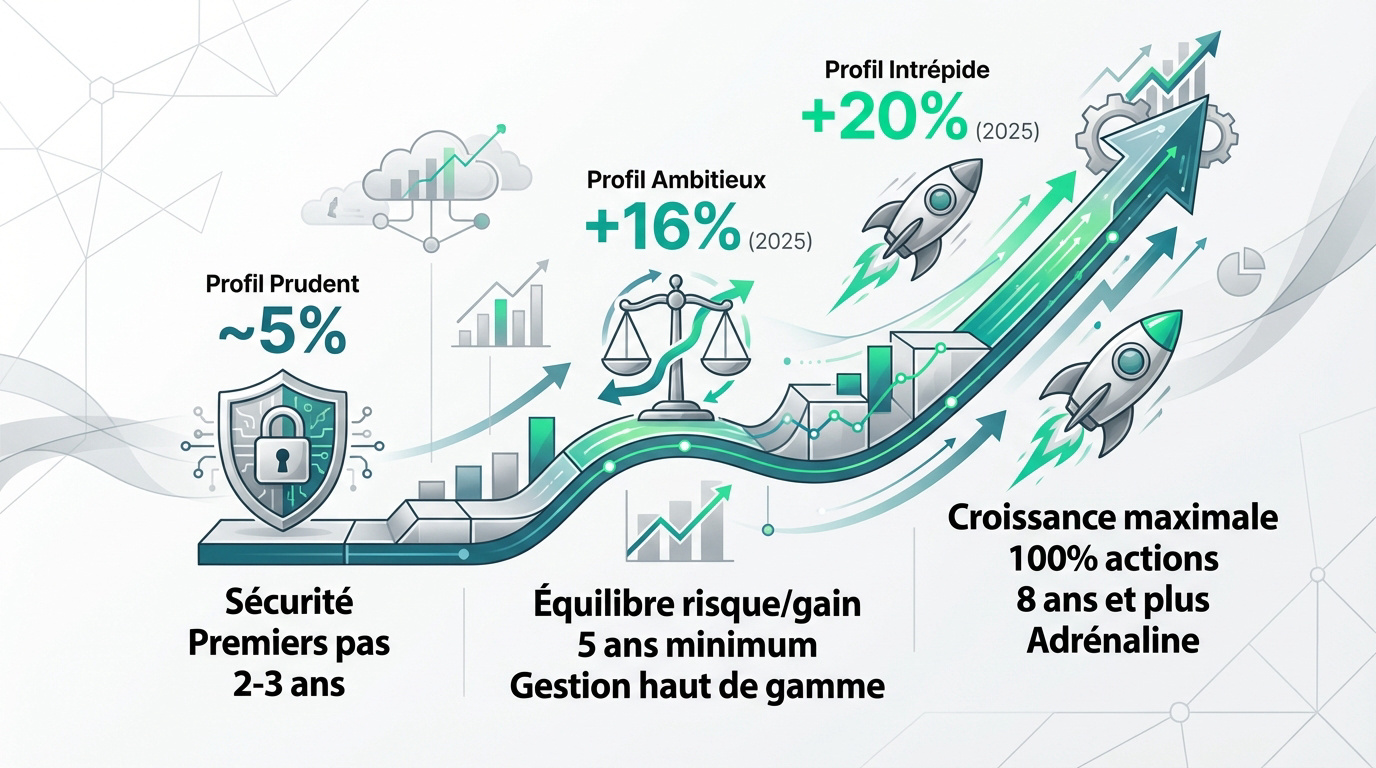 Infographie des profils d'investissement (Prudent, Ambitieux, Intrépide) avec leurs rendements potentiels et durées associées.