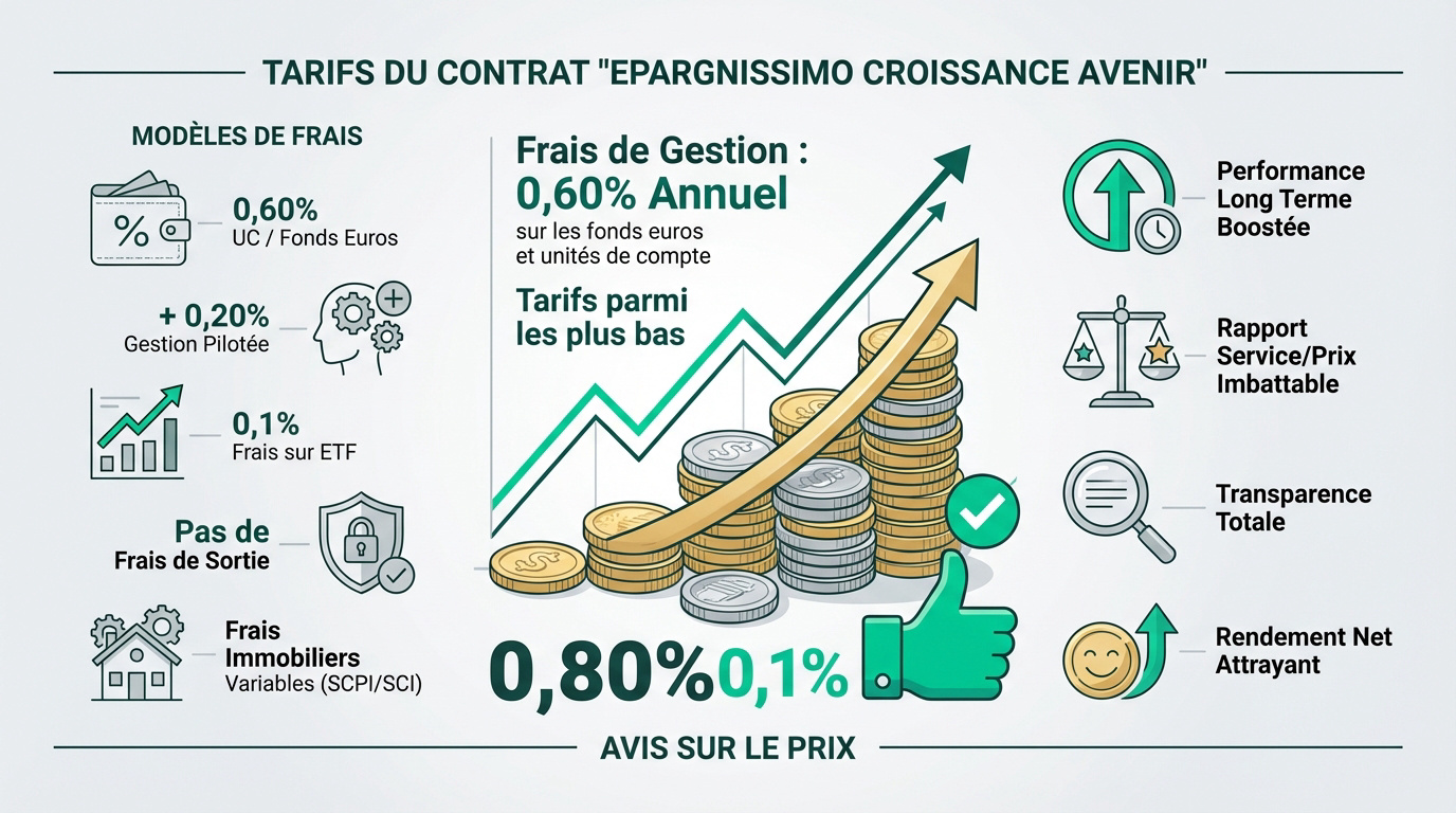 Infographie des tarifs et avantages du contrat Épargnissimo Croissance Avenir, montrant les frais de gestion, la croissance et les bénéfices.