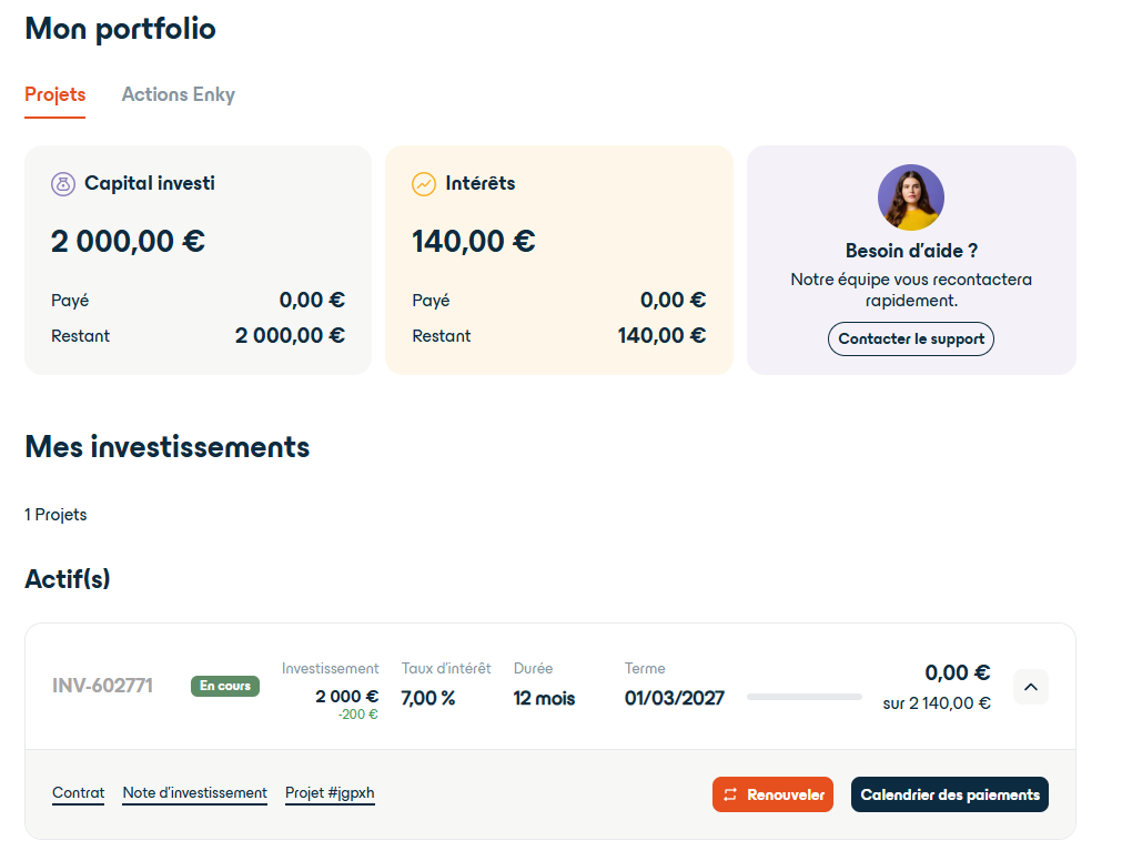 Capture d'écran de mon tableau de bord Enky Invest (espace société) — montrant le projet, le taux, les intérêts reçus
