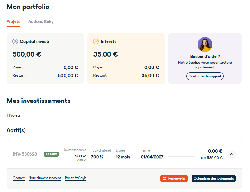 Capture d'écran de mon tableau de bord Enky Invest (espace perso) — montrant le projet, le taux, les intérêts reçus