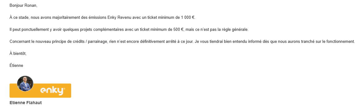 Capture d'écran mail d'août minimum 1000€ pour investir donc 900e pour un bonus de 100€