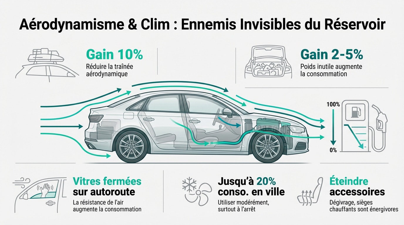 Infographie sur l'économie de carburant. Elle montre comment l'aérodynamisme, le poids, la climatisation et les accessoires affectent la consommation d'essence, avec des conseils pratiques.