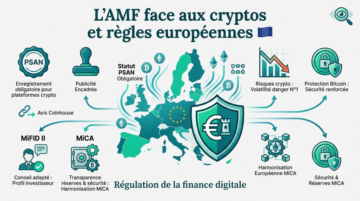 Infographie sur la régulation des cryptomonnaies par l'AMF en Europe, détaillant PSAN, MiCA, MiFID II, risques et sécurité.