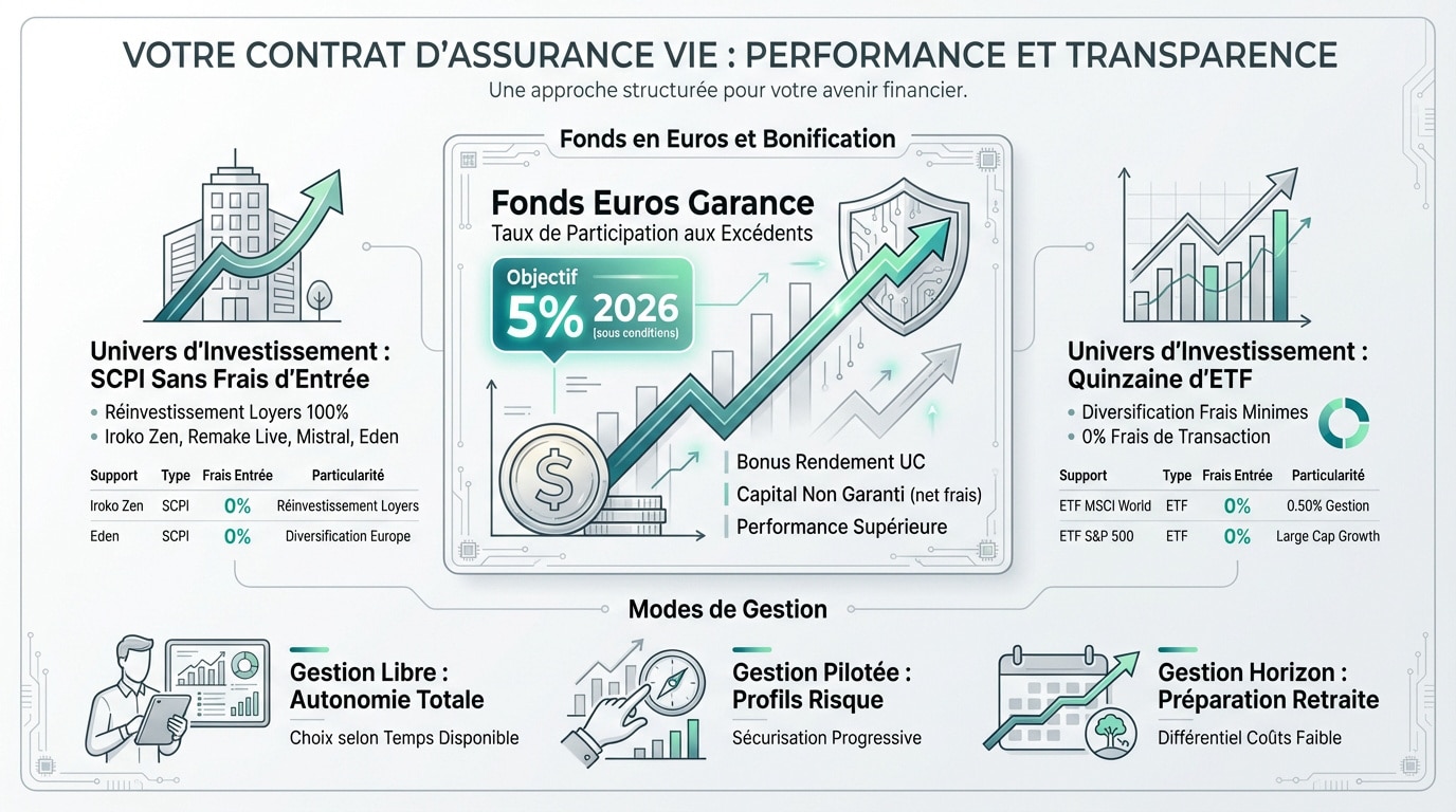 Infographie d'un contrat d'assurance vie avec fonds euros (objectif 5% en 2026), SCPI, ETF et 3 modes de gestion illustrés.
