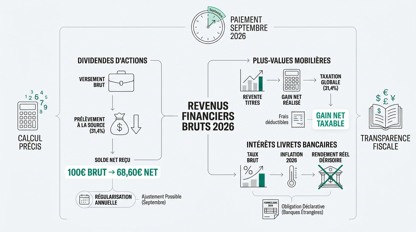 Tableau récapitulatif du calcul des revenus financiers bruts et nets en 2026