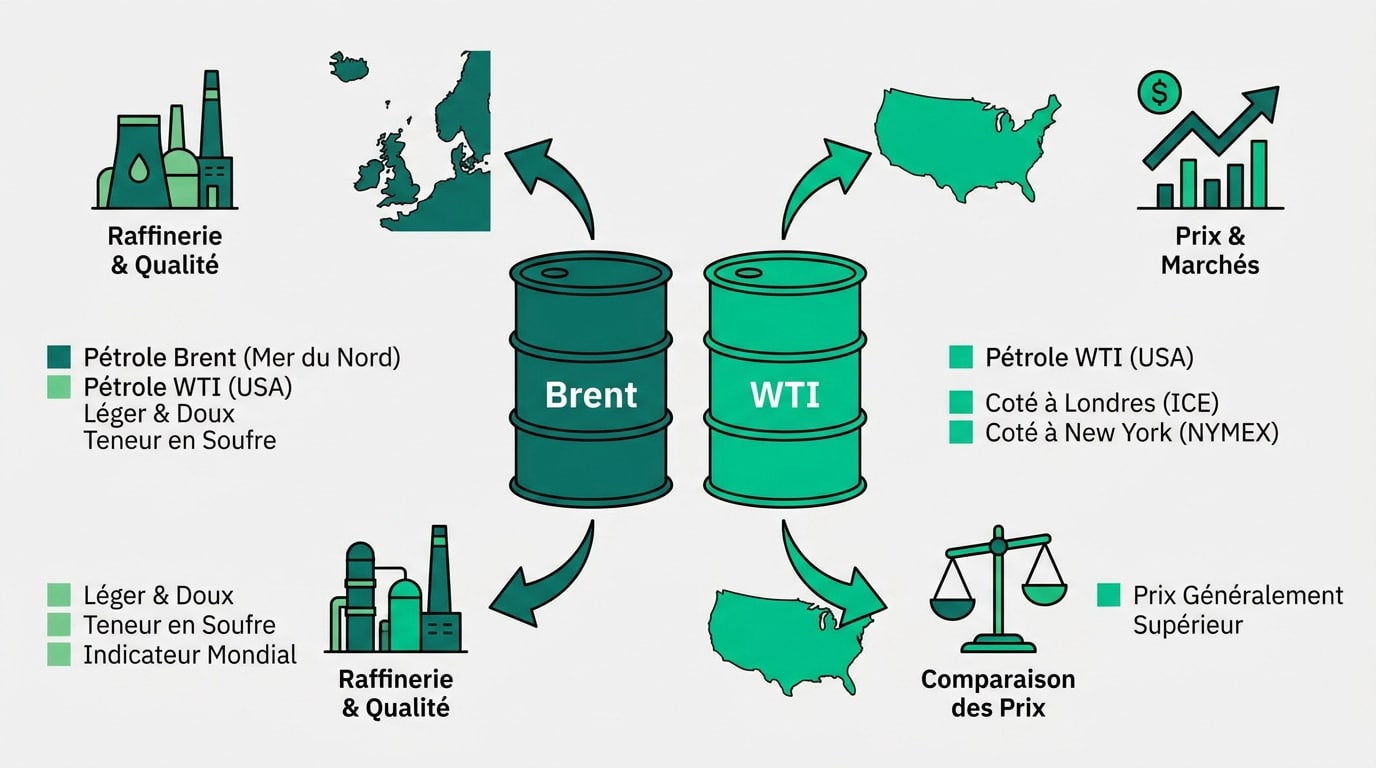 Infographie comparant le pétrole Brent (Mer du Nord) et WTI (USA), détaillant leurs origines, qualités, marchés et prix.