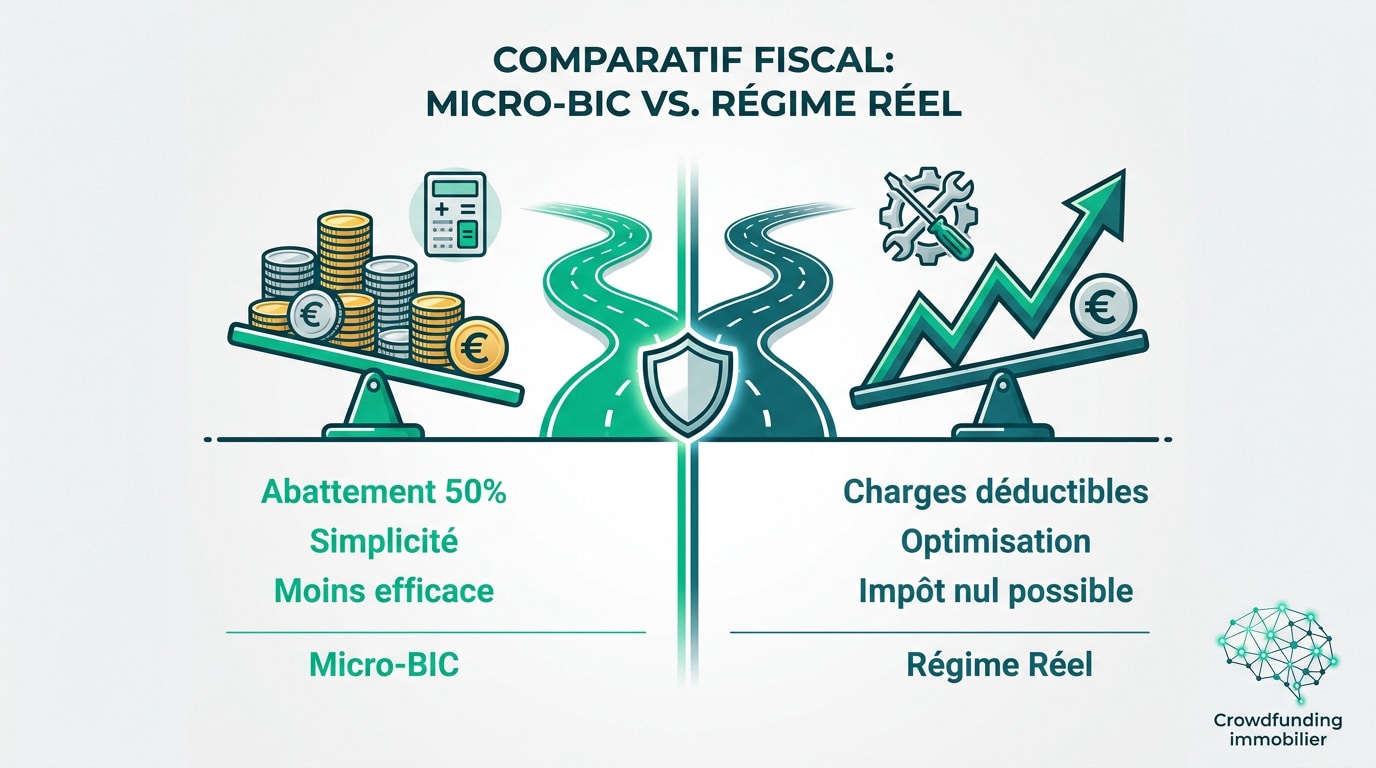 Infographie comparant les régimes fiscaux Micro-BIC et Réel pour le LMNP. Micro-BIC offre simplicité et abattement, le Réel les charges déductibles.