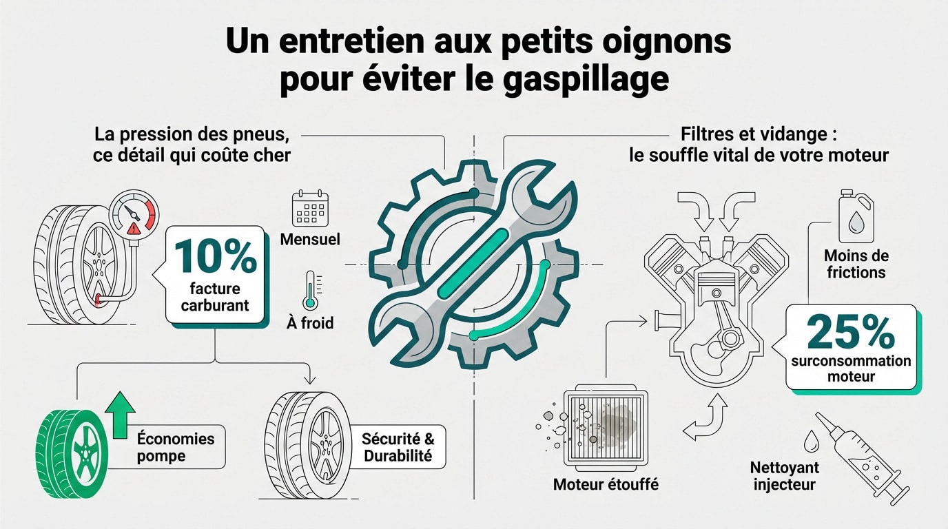 Infographie détaillée sur l'importance de l'entretien régulier du véhicule (pneus, moteur, filtres) pour économiser du carburant.