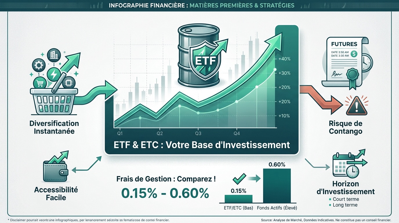 Infographie illustrant les stratégies d'investissement dans les matières premières avec ETF/ETC, abordant diversification, frais et risques.