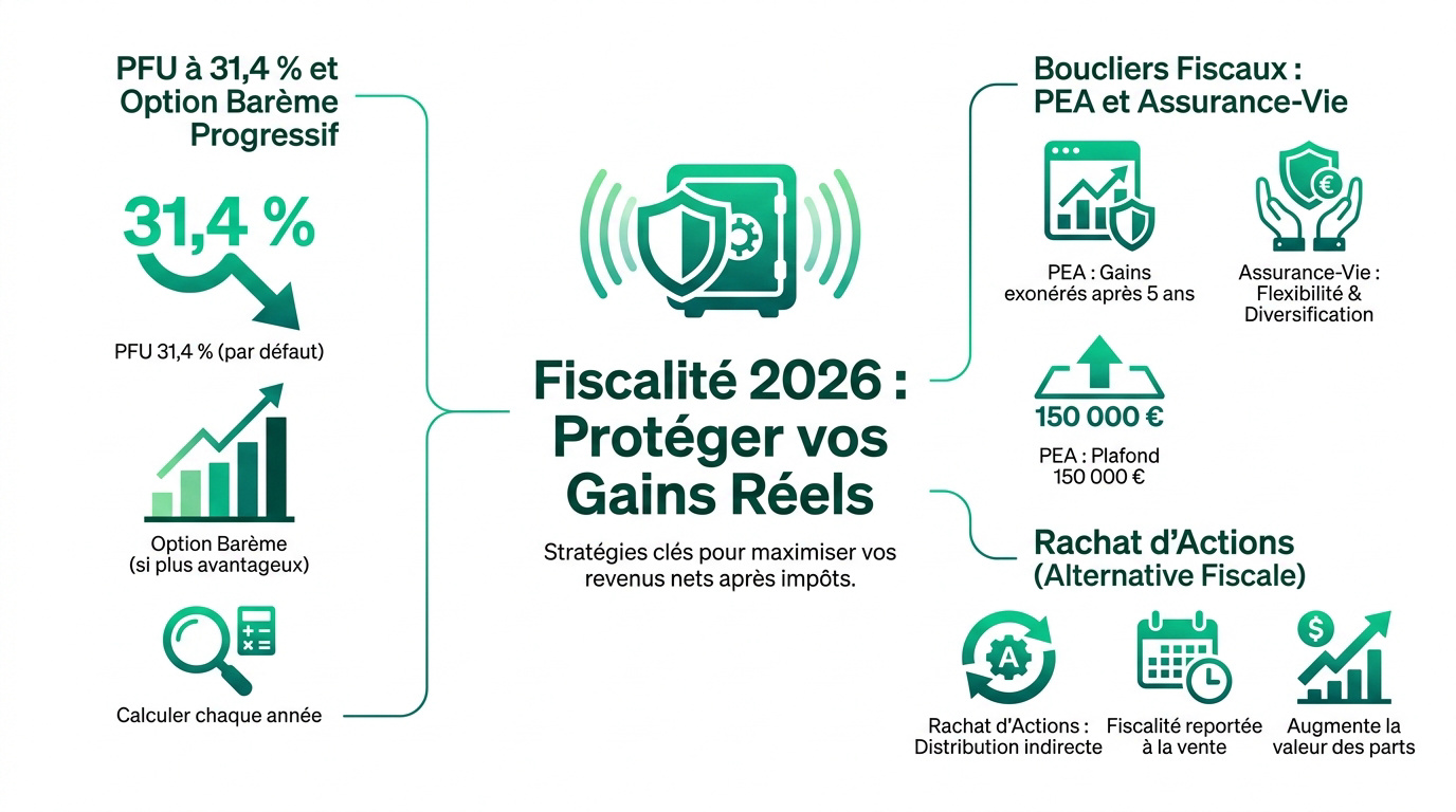Graphique illustrant la fiscalité des dividendes et du PFU en 2026