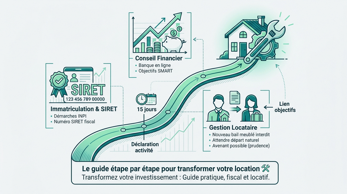 Infographie illustrant les étapes clés pour transformer une location vide en meublée : immatriculation, conseil financier, gestion locative.