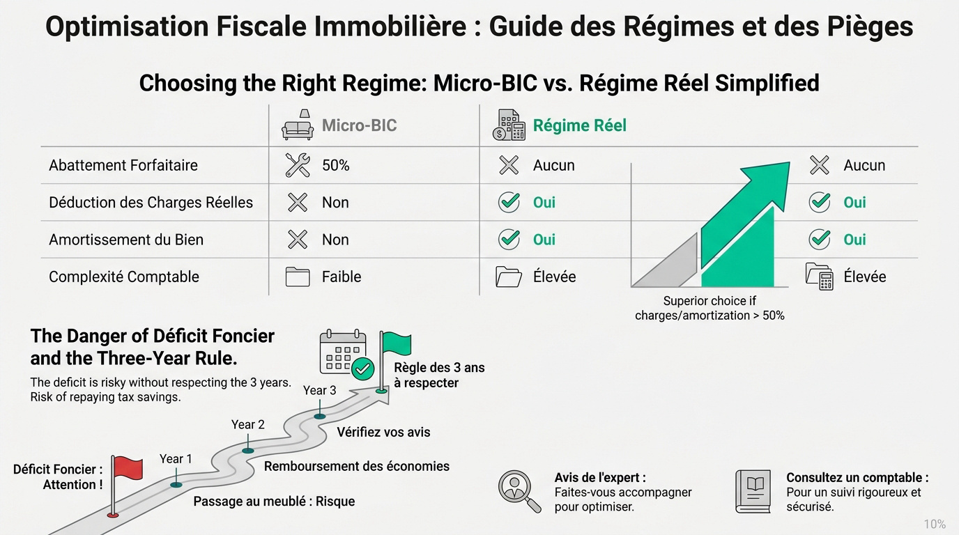 Infographie sur l'optimisation fiscale immobilière, comparant Micro-BIC et Régime Réel, avec règles du déficit foncier et conseils.