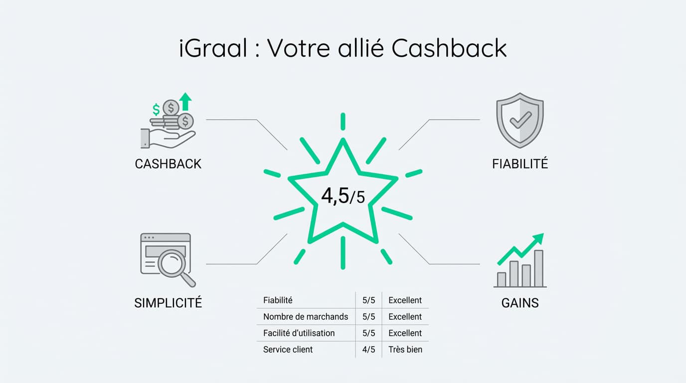 Infographie iGraal affichant une note de 4,5/5 au centre, entourée d'icônes représentant le cashback, la fiabilité, la simplicité et les gains.