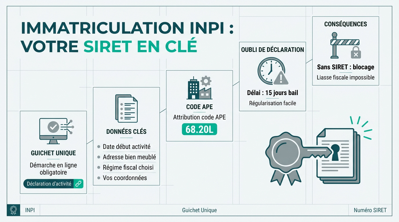 Infographie détaillant l'immatriculation INPI pour l'obtention du SIRET LMNP, incluant les étapes, données clés, code APE et conséquences.
