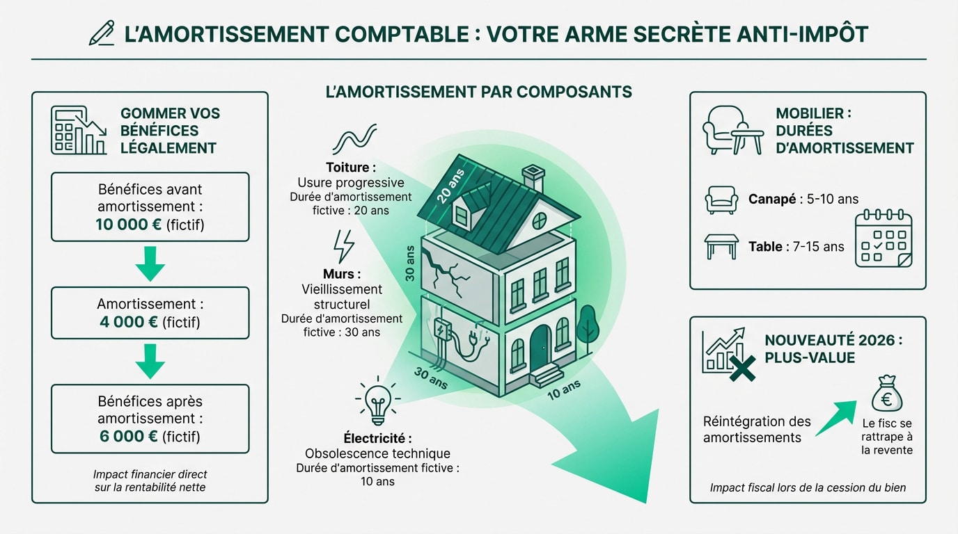 Infographie LMNP sur l'amortissement comptable: réduction des bénéfices, détails par composants (maison, mobilier) et nouveauté fiscale 2026.