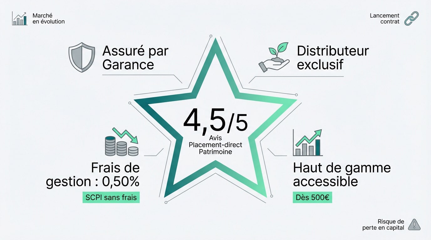 Infographie Placement-direct Patrimoine: note 4,5/5, assuré par Garance, frais réduits (0,50%), distributeur exclusif, accessible dès 500€. Découvrir notre avis placement direct patrimoine