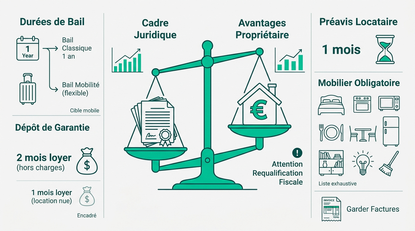 Infographie sur la location meublée en France : durées de bail, dépôt de garantie, cadre juridique, avantages propriétaire, préavis et mobilier obligatoire.