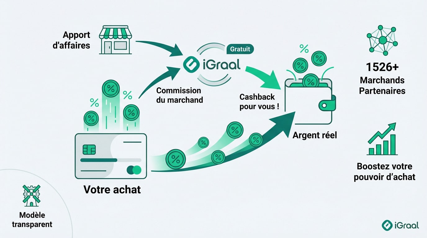 Infographie détaillée expliquant le modèle de cashback iGraal : achat, commission marchand, argent réel, partenaires, et pouvoir d'achat.