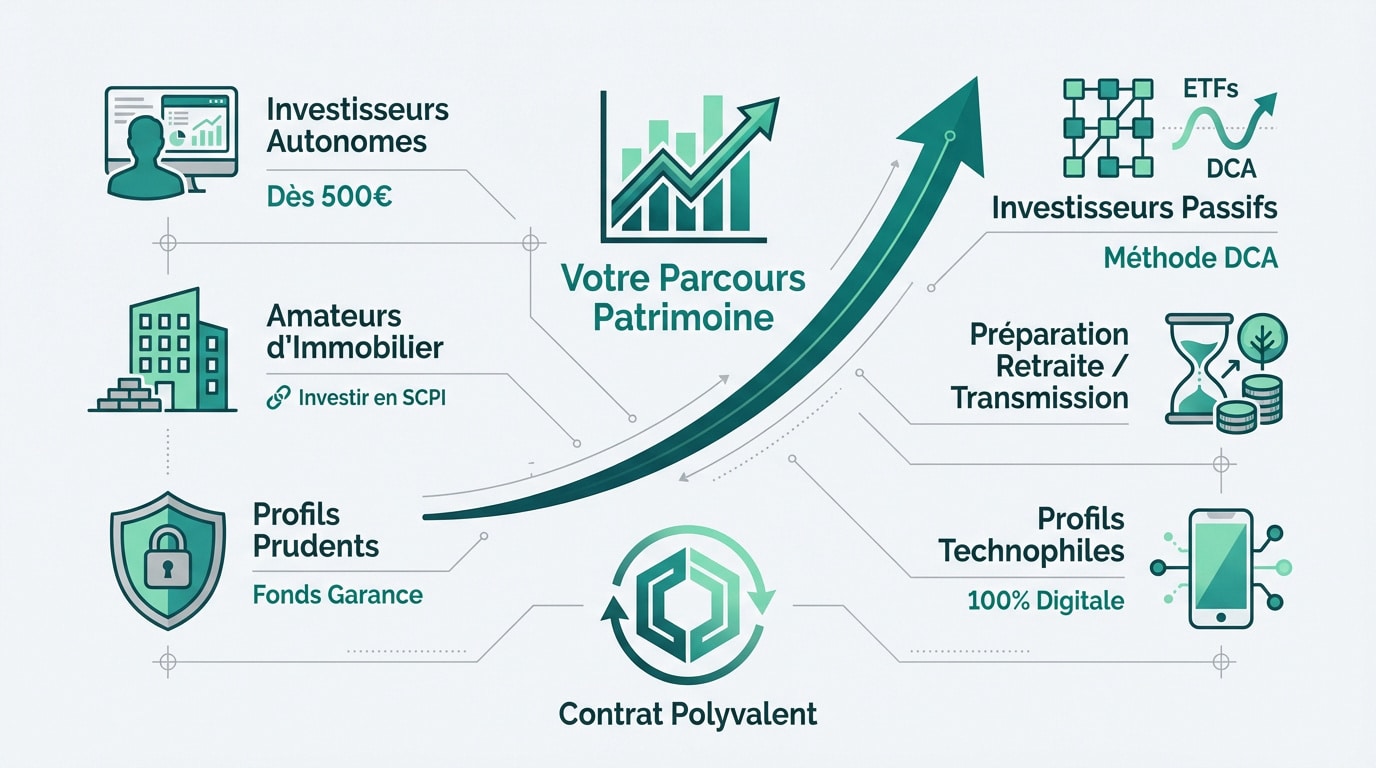 Diagramme montrant les parcours d'investissement et profils d'épargnants (autonomes, immobiliers, passifs, prudents) via un Contrat Polyvalent.