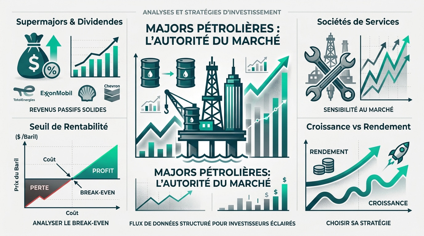 Infographie sur l'investissement pétrolier, montrant les supermajors, le seuil de rentabilité, les sociétés de services et les stratégies de croissance.