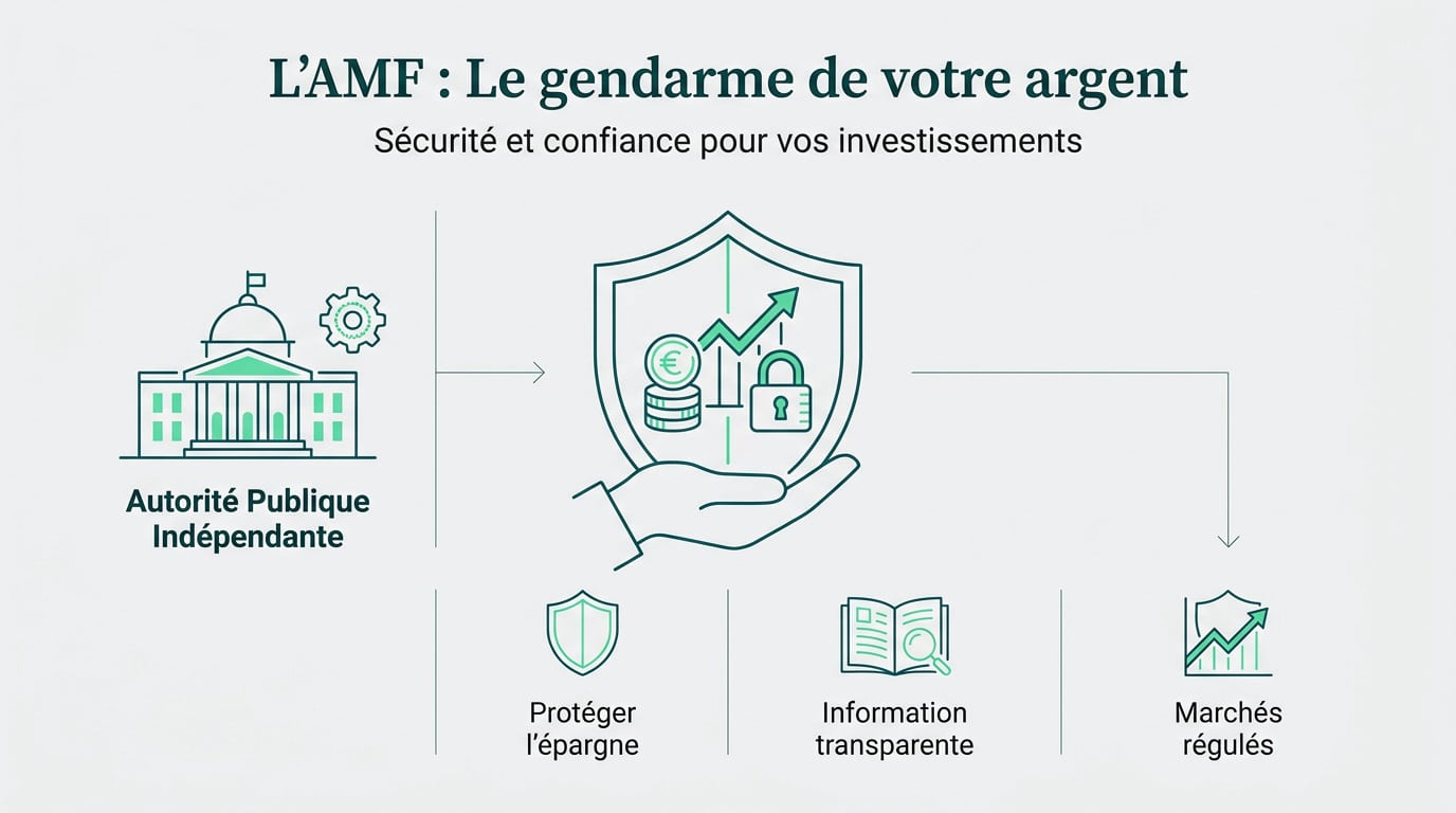 Infographie "L'AMF : Le gendarme de votre argent". Elle détaille le rôle de l'Autorité des Marchés Financiers pour sécuriser les investissements.