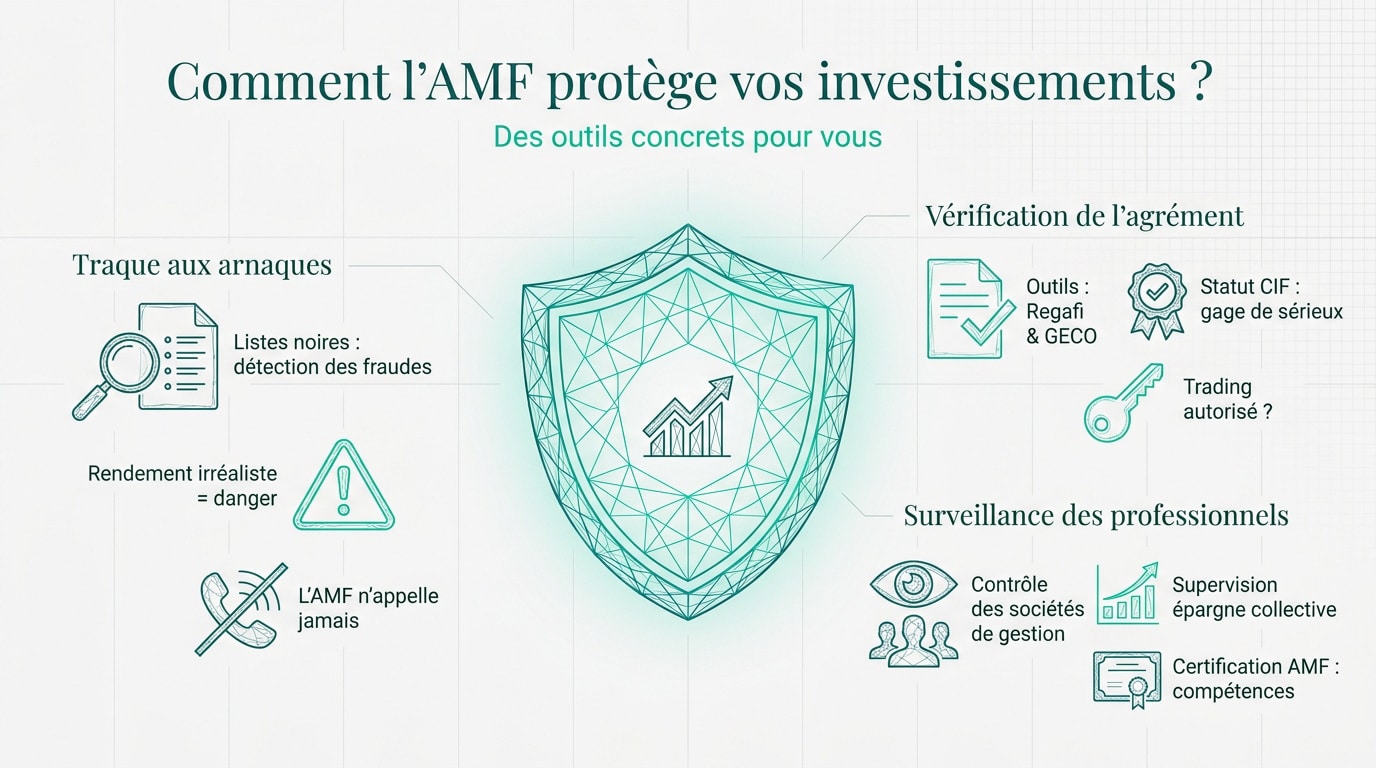 Infographie AMF France montrant la protection des investissements. Bouclier central, détection d'arnaques, vérification agréments et surveillance pros.