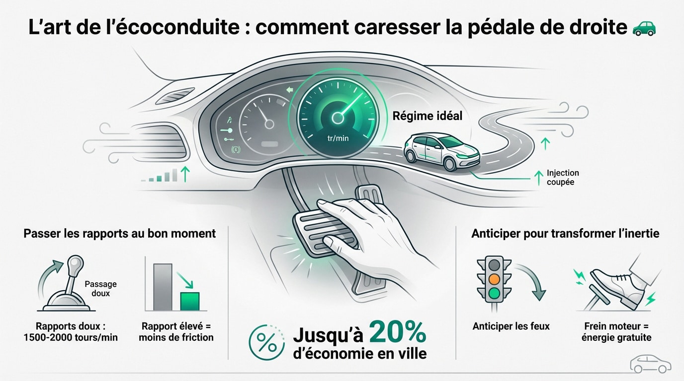 Infographie sur l'écoconduite montrant comment économiser du carburant : régime idéal, passage de rapports, anticipation des feux, frein moteur.
