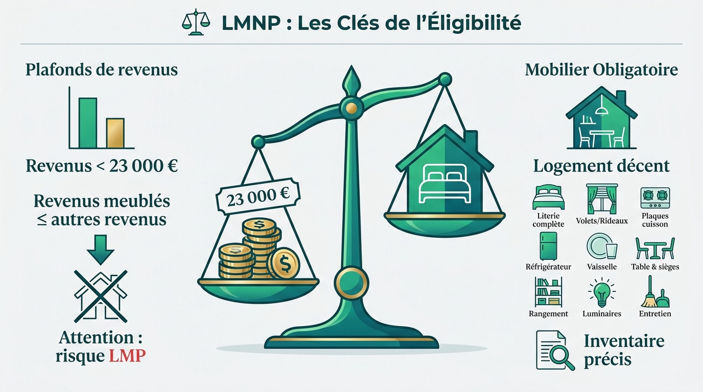 Infographie LMNP : éligibilité. Balance comparant revenus (<23k€, revenus meublés ≤ autres revenus) et mobilier obligatoire pour logement décent.