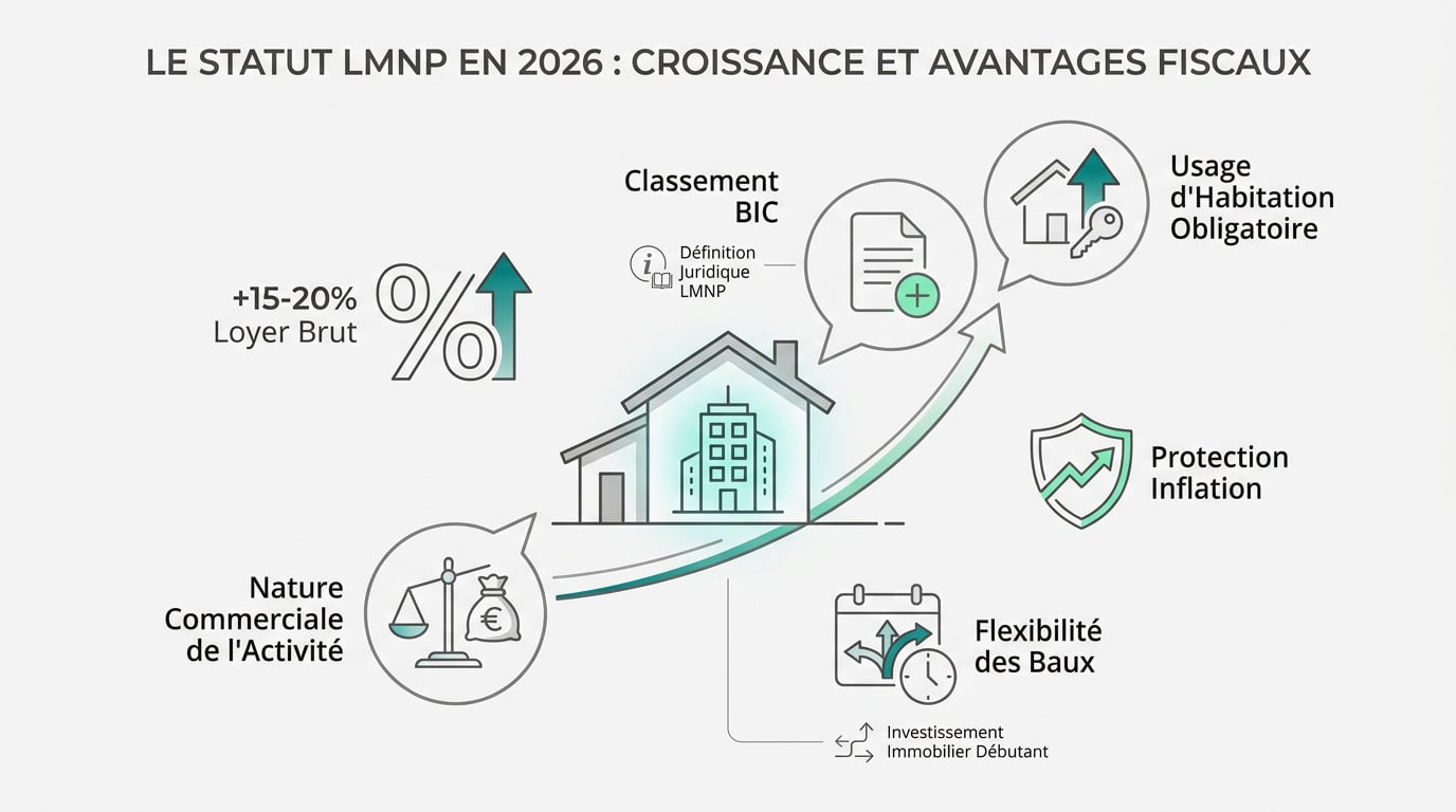 Infographie sur le statut LMNP en 2026, détaillant les avantages fiscaux et la croissance potentielle avec des icônes explicatives.