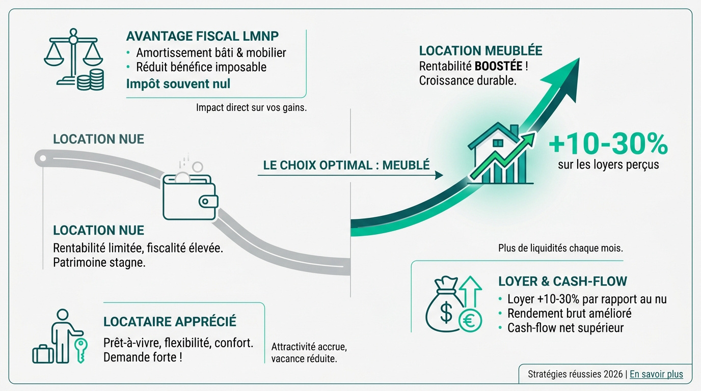 Infographie comparant les avantages de la location nue et meublée. Elle montre comment le meublé offre une rentabilité supérieure et des avantages fiscaux.