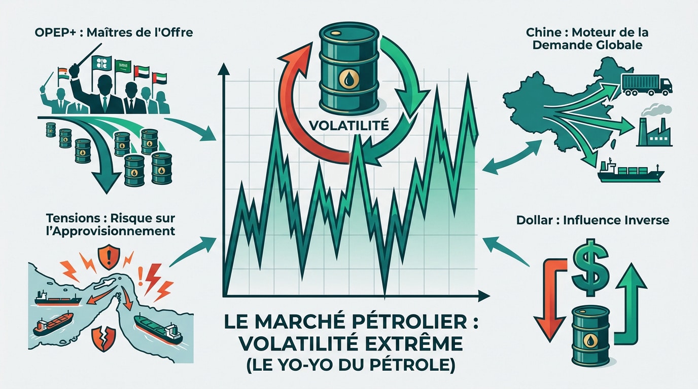 Infographie sur la volatilité du marché pétrolier. Elle illustre l'influence de l'OPEP+, la Chine, les tensions et le dollar.