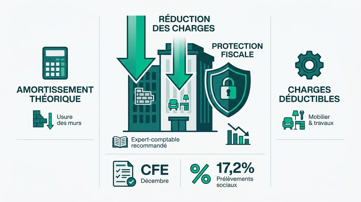 Infographie illustrant l'optimisation fiscale LMNP avec amortissement, réduction de charges, protection fiscale et charges déductibles.