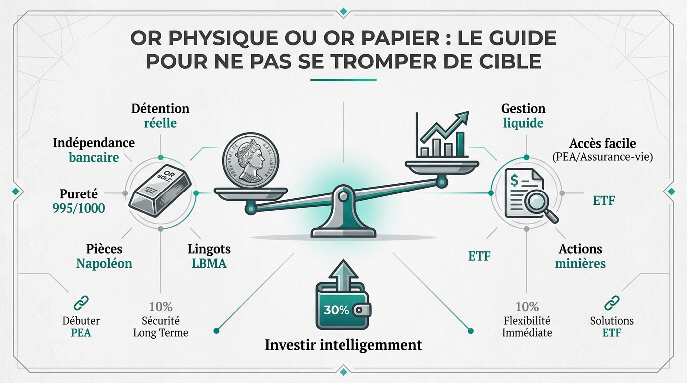 Infographie comparant l'or physique (lingots, pièces) et l'or papier (ETF, actions minières) avec leurs avantages et stratégies.