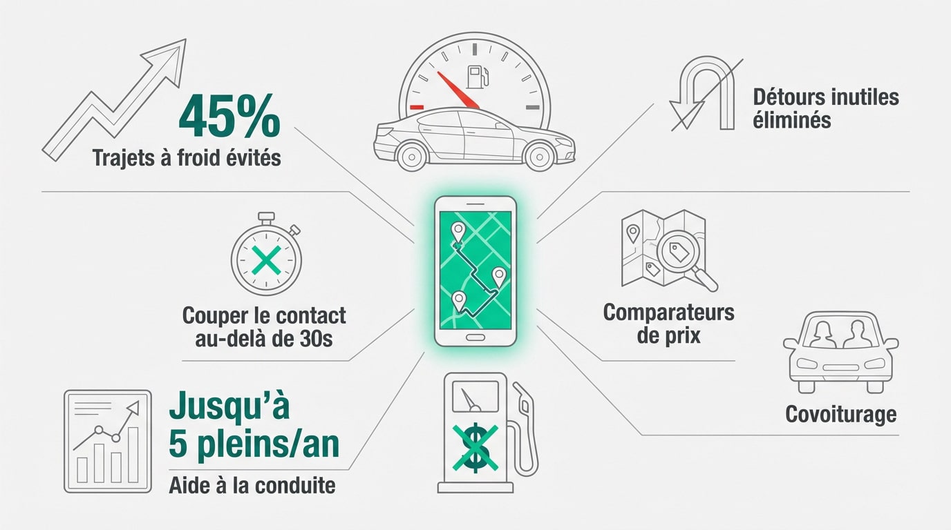Infographie montrant des astuces pour économiser l'essence : smartphone, trajets optimisés, covoiturage, comparateurs, coupure moteur et aide à la conduite.