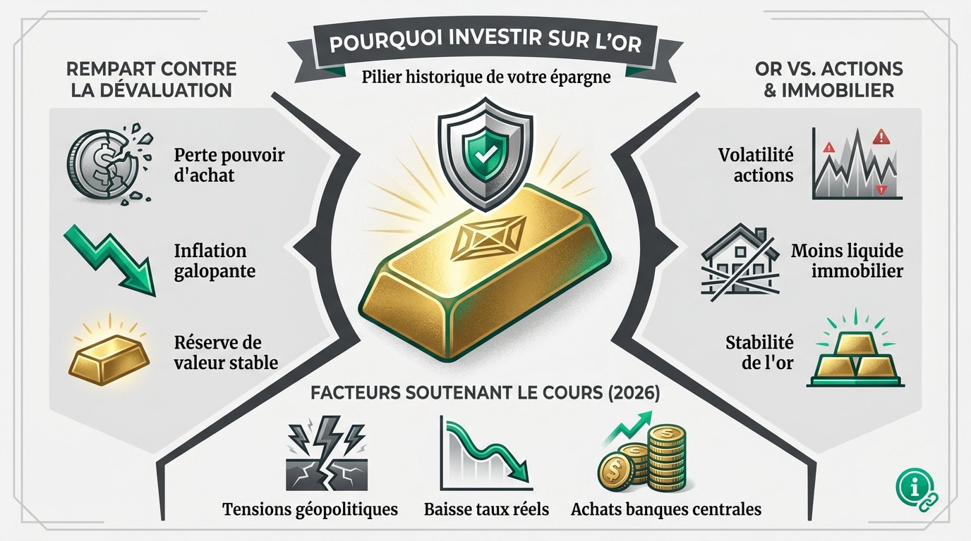 Infographie expliquant pourquoi investir dans l'or comme rempart contre la dévaluation, comparé aux actions/immobilier, et ses facteurs de soutien.