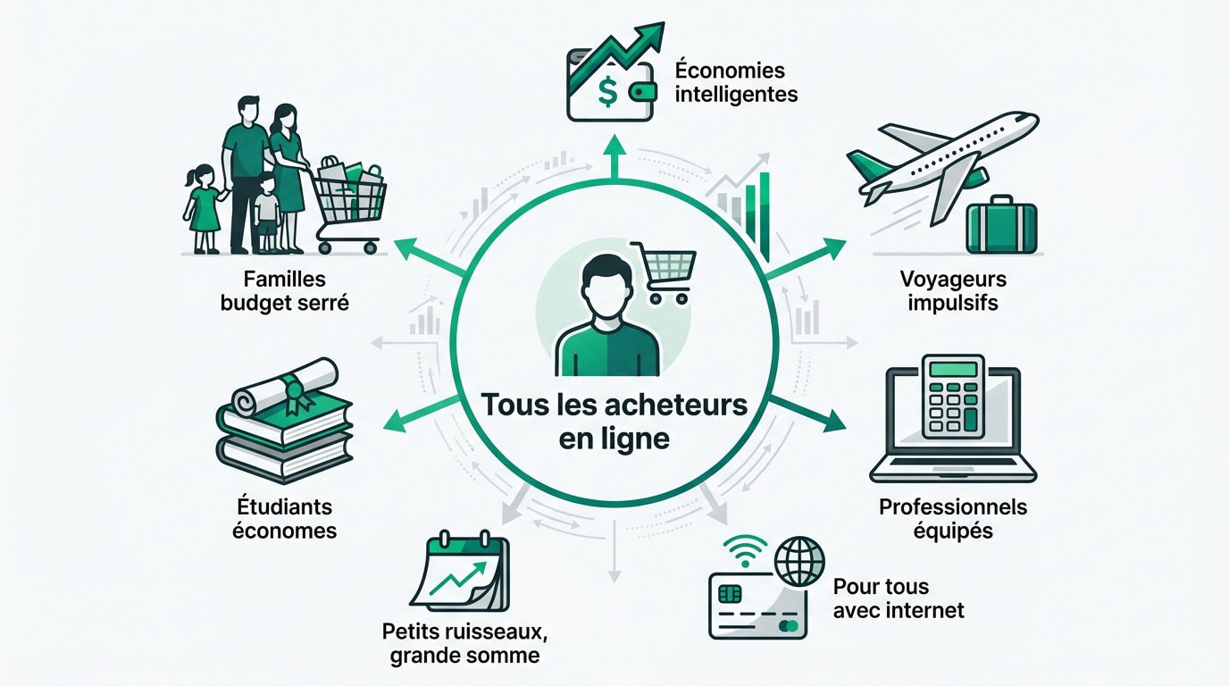 Diagramme montrant comment iGraal cashback aide tous les acheteurs en ligne : familles, étudiants, professionnels, voyageurs et plus, pour des économies intelligentes.