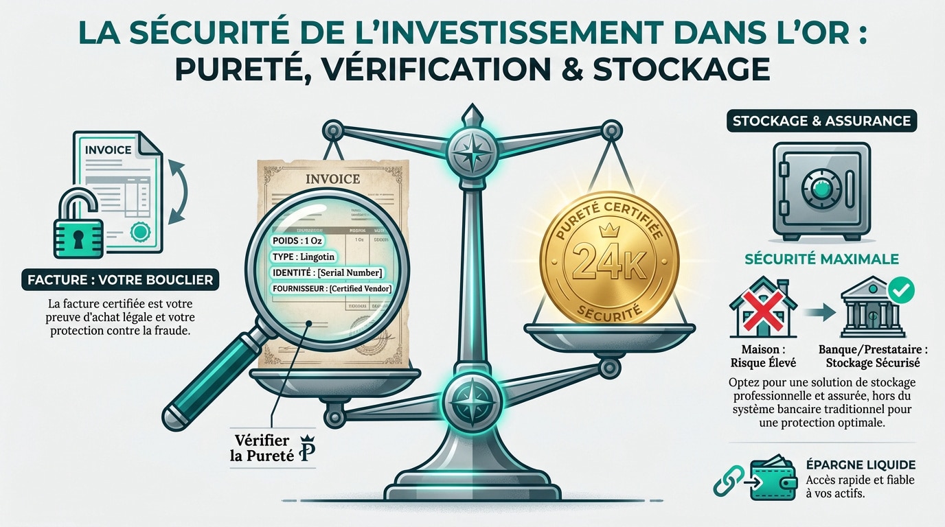 Infographie détaillant la sécurité de l'investissement en or: pureté certifiée (24K), vérification par facture, stockage sécurisé et liquidité.