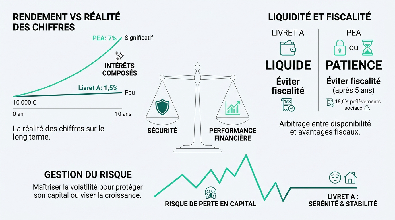 Comparaison visuelle entre la sécurité du Livret A et la performance du PEA