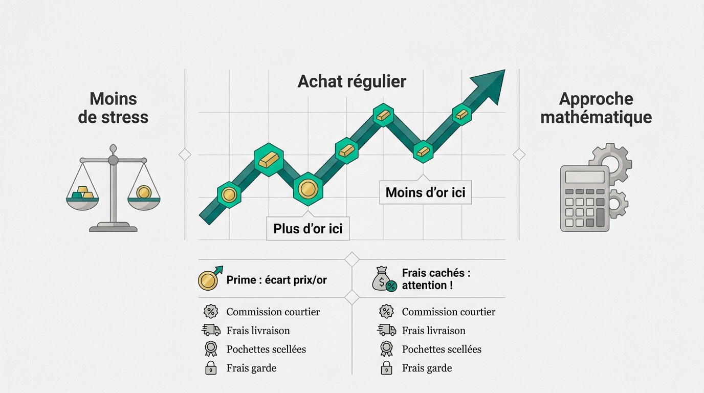 Infographie illustrant la stratégie d'achat régulier d'or : moins de stress, approche mathématique, et attention aux frais cachés.