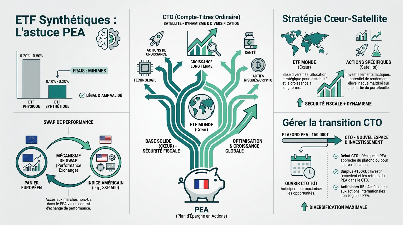 Schéma de la stratégie d'investissement combinant ETF synthétiques sur PEA et diversification sur CTO