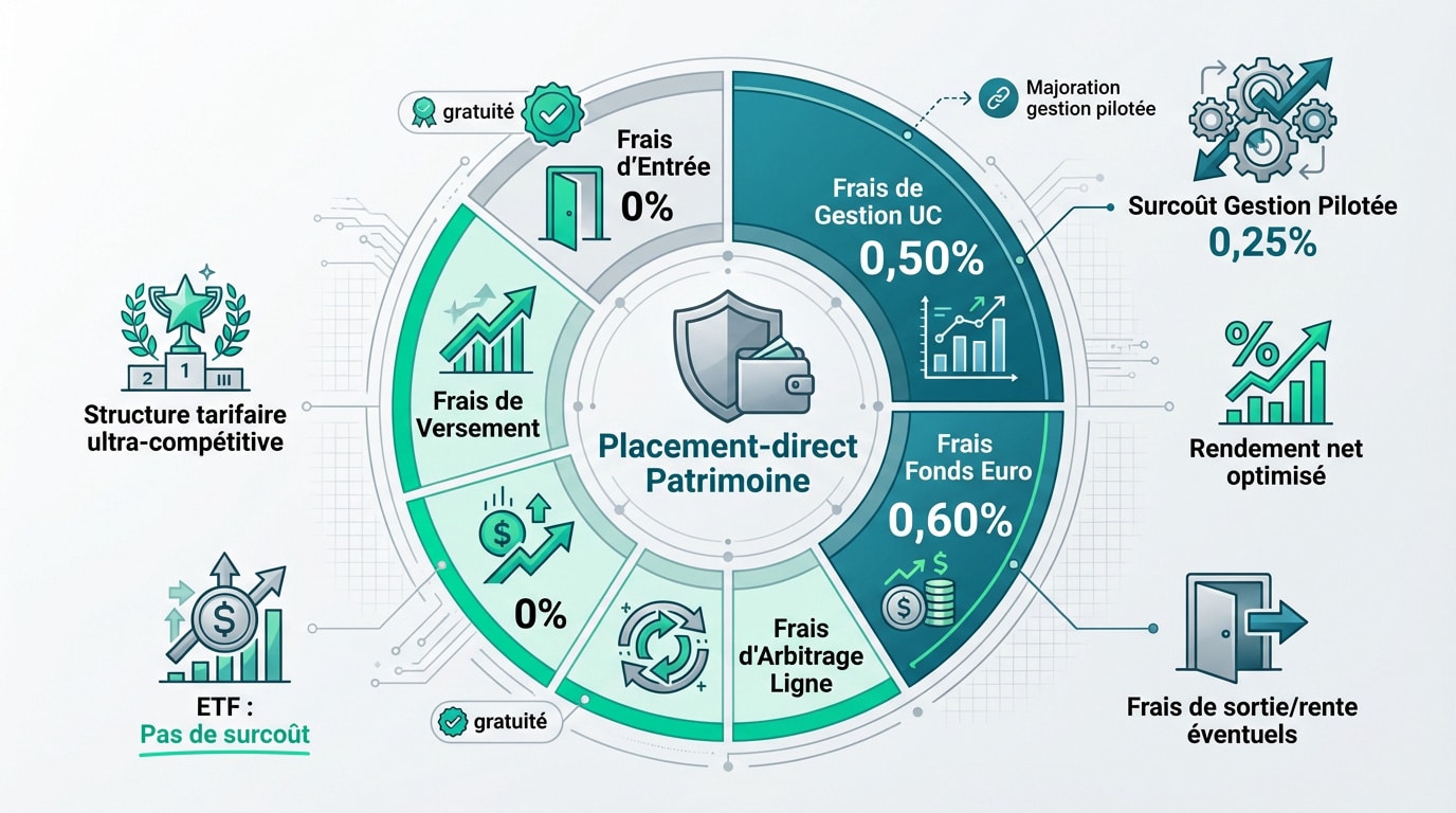 Infographie Placement-direct Patrimoine, détaillant les frais (0% entrée/versement, 0,50% gestion UC) et avantages compétitifs.
