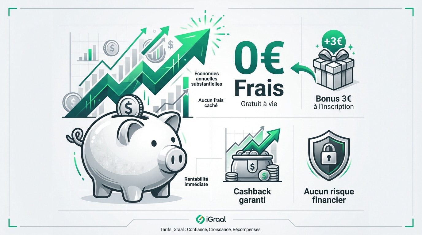 Illustration iGraal des avantages du cashback: tirelire, graphiques de croissance, bonus, frais 0€, sécurité financière.
