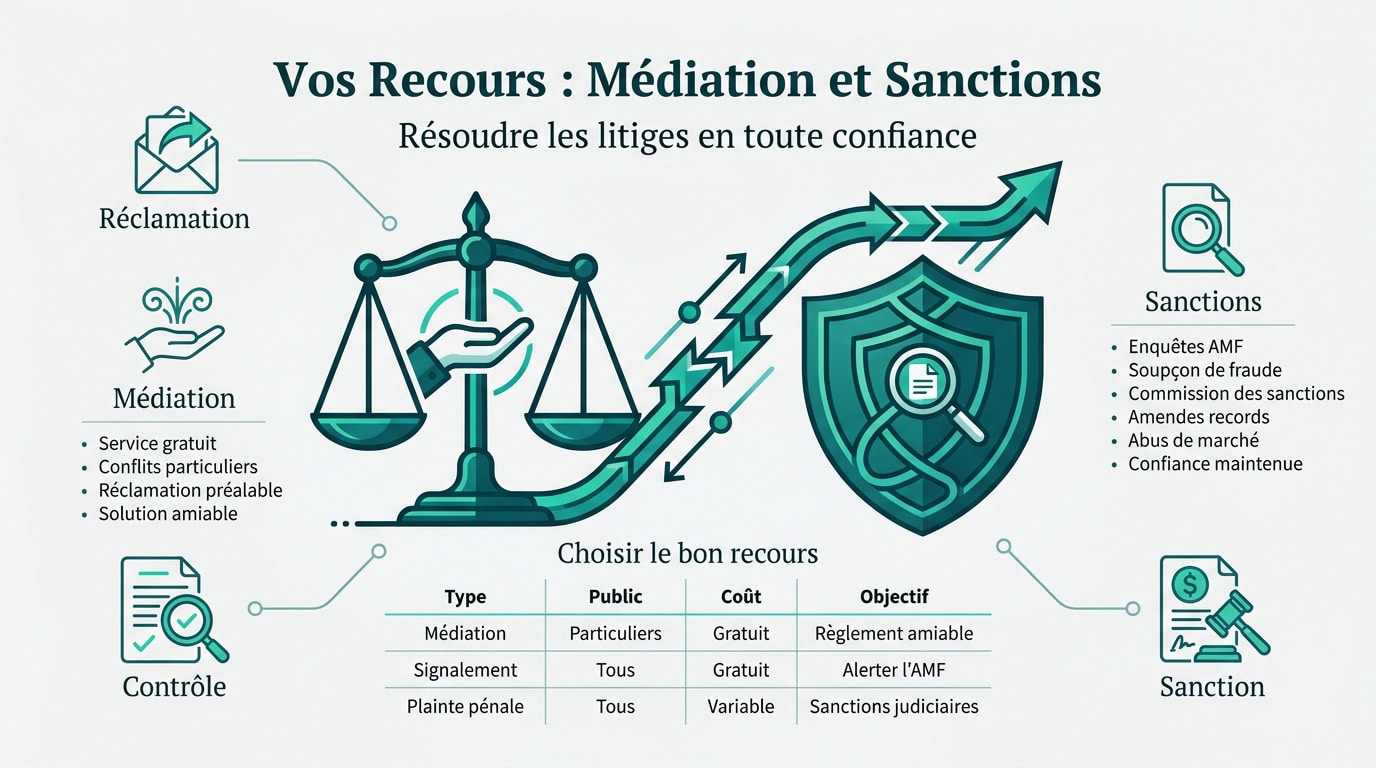 Infographie sur les recours de l'AMF France : médiation, signalement, plaintes pénales et sanctions pour résoudre les litiges d'investissement.