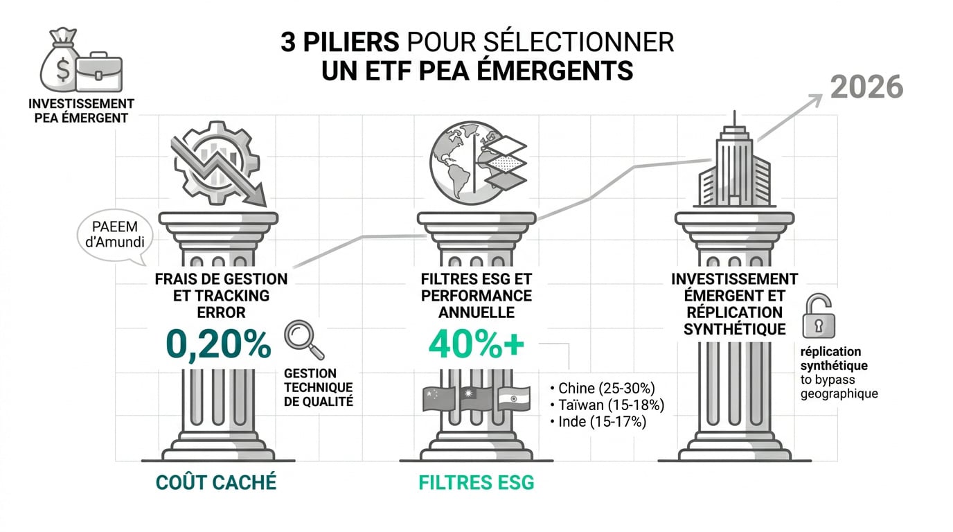 Infographie des 3 piliers pour sélectionner un etf pea émergents : frais de gestion, filtres ESG et performance, et réplication synthétique.