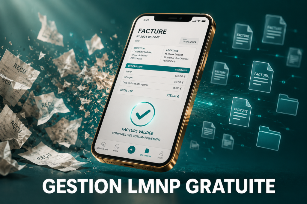 Avis Tiime LMNP - Smartphone affichant une facture électronique avec validation automatique, illustrant la gestion LMNP 100% gratuite avec Tiime en 2026