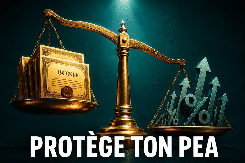 Balance dorée illustrant la relation inverse entre taux d'intérêt et prix des ETF obligataires dans un PEA