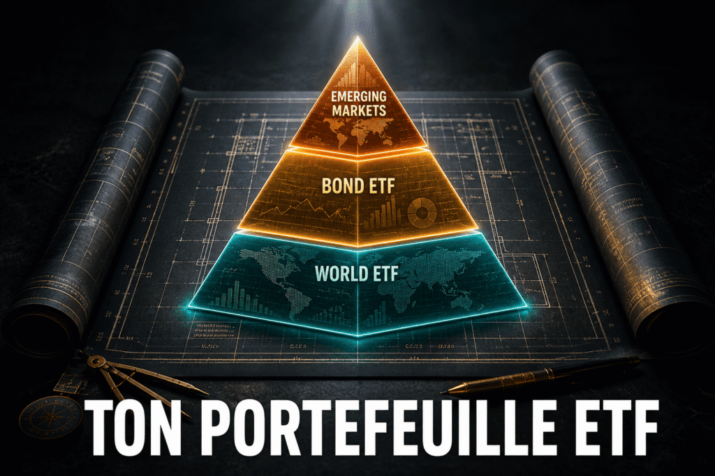 Blueprint architectural d'une pyramide ETF à trois niveaux représentant la construction d'un portefeuille diversifié