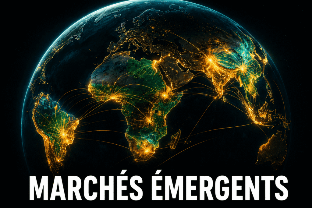 Globe terrestre avec les marchés émergents d'Asie et d'Amérique latine illuminés pour investir via des ETF PEA émergents.